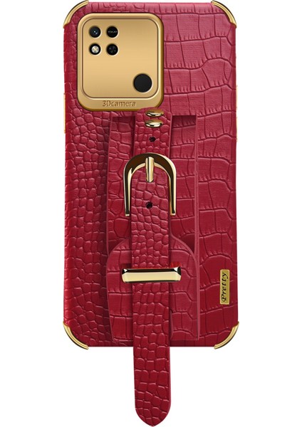 Xiaomi Için Redmi 10A Elektrapılaşma Timsah Doku Telefon Kılıfı Karakter Anti Koruyucu Cep Telefonu Kapağı Kesin Kesim Pu Deri Kaplamalı Tpu Kabuğu El Kayışı Kickstand-Red (Yurt Dışından)
