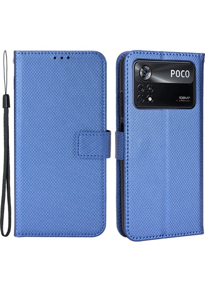 Xiaomi Poco X4 Pro 5g Manyetik Kapatma Flip Deri Cüzdan Kılıfı Stand Fonksiyonu Elmas Doku Kapağı Strap-Mavi ile (Yurt Dışından)