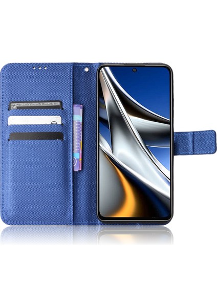 Xiaomi Poco X4 Pro 5g Manyetik Kapatma Flip Deri Cüzdan Kılıfı Stand Fonksiyonu Elmas Doku Kapağı Strap-Mavi ile (Yurt Dışından)