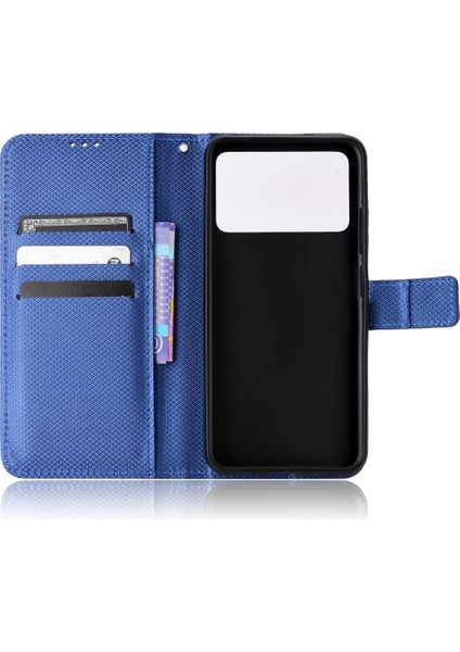 Xiaomi Poco X4 Pro 5g Manyetik Kapatma Flip Deri Cüzdan Kılıfı Stand Fonksiyonu Elmas Doku Kapağı Strap-Mavi ile (Yurt Dışından)