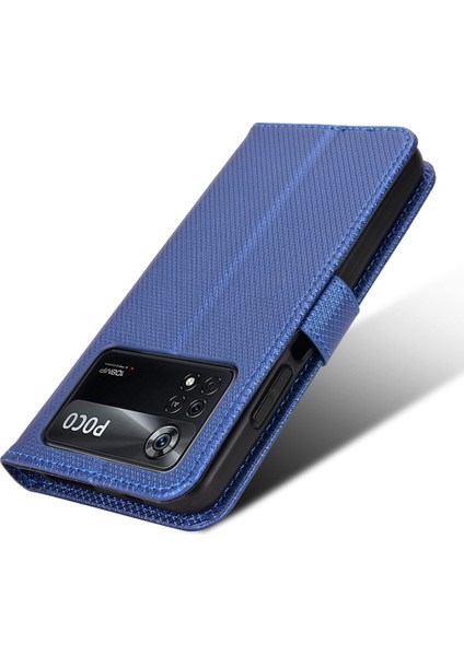 Xiaomi Poco X4 Pro 5g Manyetik Kapatma Flip Deri Cüzdan Kılıfı Stand Fonksiyonu Elmas Doku Kapağı Strap-Mavi ile (Yurt Dışından)