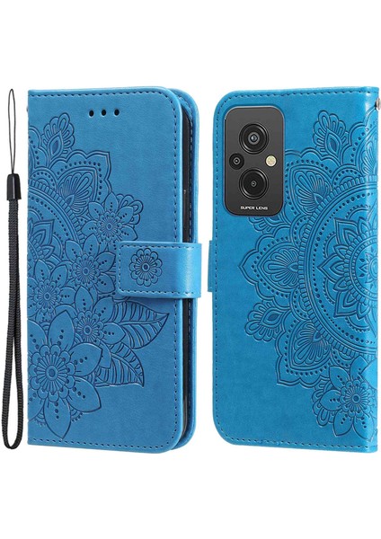 Xiaomi Redmi Için 11 Prime 4g Çiçek Baskı Pu Deri Kılıf Manyetik Toka Standı Cüzdan Şok Geçirmez Telefon Kapağı Strap-Mavi ile (Yurt Dışından)