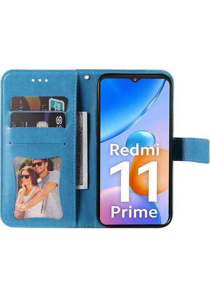Xiaomi Redmi Için 11 Prime 4g Çiçek Baskı Pu Deri Kılıf Manyetik Toka Standı Cüzdan Şok Geçirmez Telefon Kapağı Strap-Mavi ile (Yurt Dışından) fiyatları