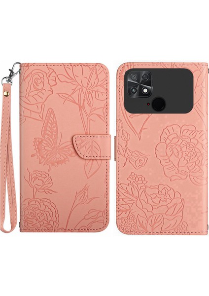 Xiaomi Için Poco C40 4g Kelebek Çiçekleri Baskıda Baskı Telefon Kılıfı Anti-Chock Cilt Touch Pu Deri Stand Cüzdan Kabuğu Strap-Pink ile (Yurt Dışından)
