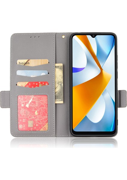 Xiaomi Poco C40 4g Için Koruyucu Telefon Kapağı, Manyetik Toka Folio Flip Cüzdan Kılıfı Standı Pu Deri Litchi Doku Kabuk Grey (Yurt Dışından)