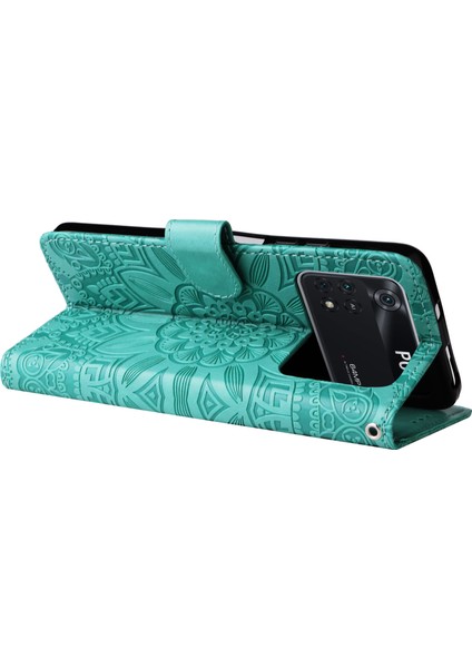 Xiaomi Için Poco M4 Pro 4g Ayçiçeği Baskılı Telefon Kılıfı Pu Deri Cüzdan Stand Sıçrama Dayanıklı Flip Telefon Kapağı Bilek Kayış-Yeşil ile (Yurt Dışından) modelleri
