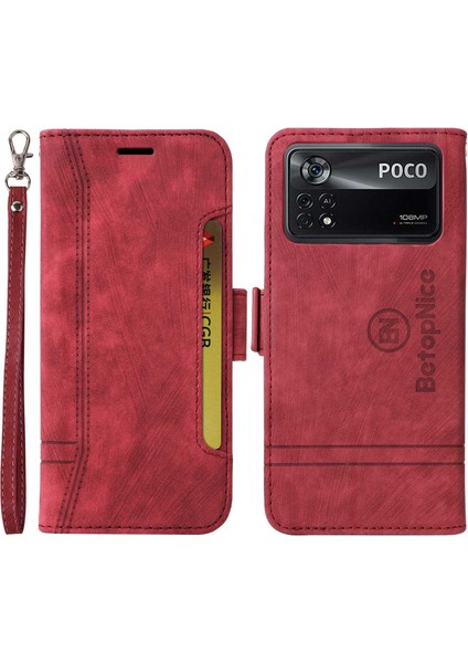 Xiaomi Poco X4 Pro 5g Pu Deri Dalda Damla Koruma Kılıfı Baskılı Dikiş Hattı Telefon Stand Cüzdan Kapağı Bilek Kayış Kırmızısı (Yurt Dışından)