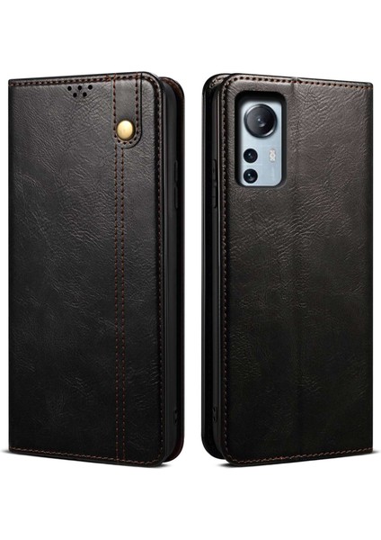 Xiaomi 12 Lite Için Mumsu Çılgın At Doku Koruyucusu, Stand Cüzdan Tarzı Manyetik Otomatik Emici Deri Cep Telefonu Kapak-Siyah (Yurt Dışından)