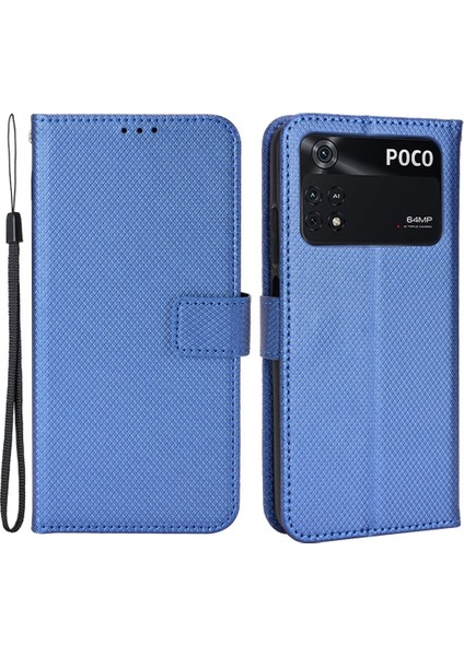 Xiaomi Için Poco M4 Pro 4g Cüzdan Telefon Kılıfı Pu Deri Manyetik Kapatma Elmas Doku Stand Flip Kapak Kayış Mavisi ile (Yurt Dışından)