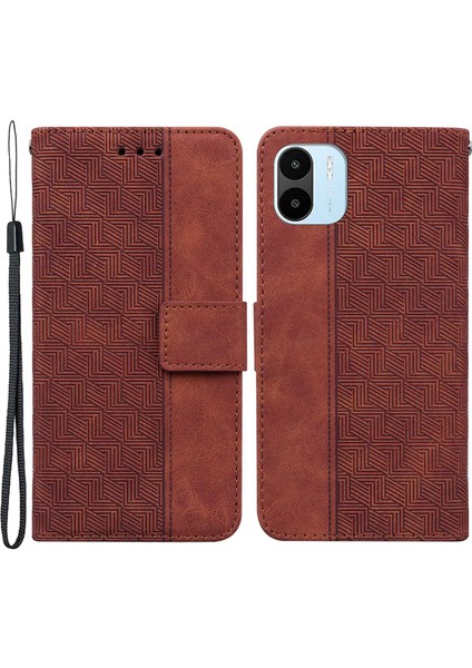 Xiaomi Için Redmi A1 4g/a2 4g Geometri Deseni Baskılı Pu Deri Standı Kılıf Damla Koruyucu Koruyucu Telefon Cüzdan Kapağı Kayış-Kahverengi (Yurt Dışından)