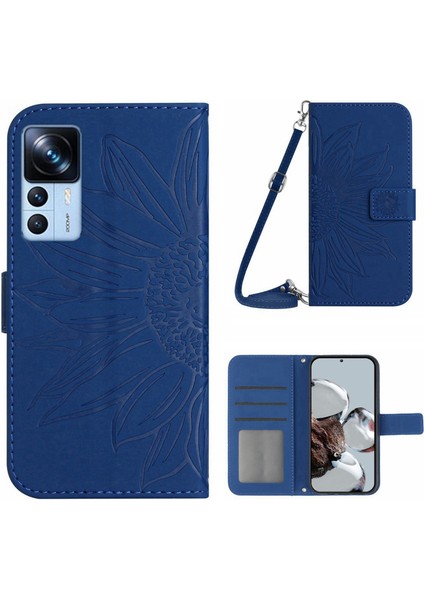 Xiaomi 12T 5G/12T Pro 5g/redmi K50 Ultra 5g HT04 Baskılı Ayçiçeği Flip Cüzdan Kapağı Cilt Pu Deri Deri Stand Manyetik Şok Geçirmez Folyo Folio Telefon Kılıfı Omuz Kayış-Dark Mavi (Yurt Dışından)
