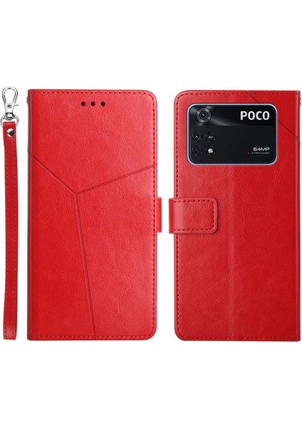 Xiaomi Poco M4 Pro 4g Için HT01 Pu Deri Telefon Kabuğu, Y Şeklinde Çizgiler Cüzdan Stand Telefon Kapak-Kırmızı (Yurt Dışından)