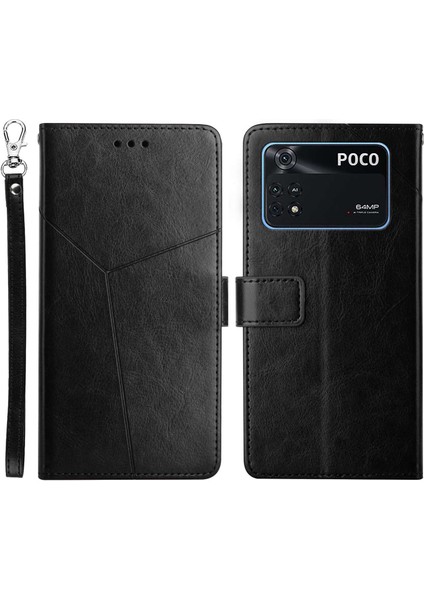 Xiaomi Poco M4 Pro 4g Için HT01 Pu Deri Telefon Kabuğu, Y Şeklinde Çizgiler Cüzdan Stand Telefon Kapağı Black (Yurt Dışından)
