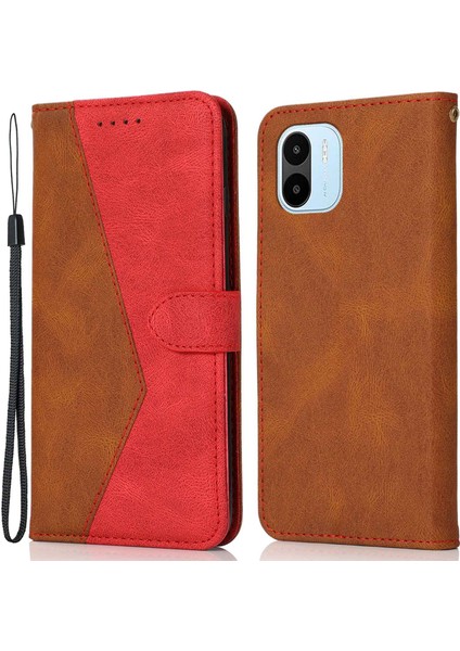Xiaomi Redmi A1 4g/a2 4g Manyetik Toka Standı Için Pu Deri Renk Ekleme Çantası, Bilek Kayış-Kahverengi/kırmızı ile Telefon Cüzdan Kapağı Özellikli (Yurt Dışından)