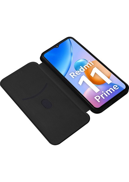 Xiaomi Redmi Için 11 Prime 4g Karbon Fiber Doku Manyetik Pu Deri Deri Anti-Sracratch Anti-Sracratch Kılıf Kartı Yuvası Stand Cep Telefonu Kapak Black (Yurt Dışından) modelleri