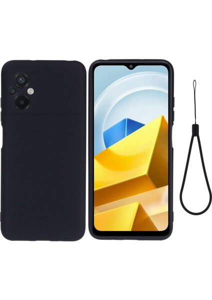 Xiaomi Poco M5 4g Için Sıvı Silikon Cep Telefonu Kılıfı, Yumuşak Elyaf Astar Anti-Çizelge Kapak Damla Koruma Kabuğu Strap-Black (Yurt Dışından)