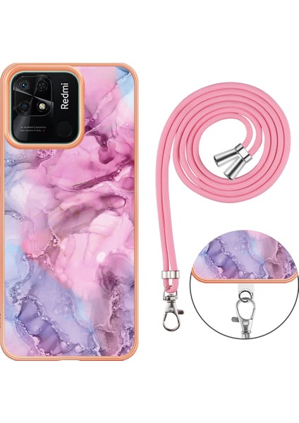 Xiaomi Redmi 10C 4g Mermer Desen Ince Kasa Elektroplatma 2.0mm Tpu Tpu Telefon Kapağı Lanyard-Rose (Yurt Dışından)