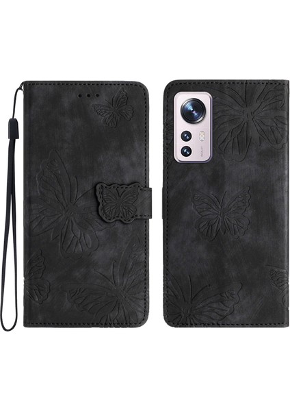 Xiaomi Için 12 Lite 5g Pu Deri Cüzdan Telefon Kılıfı Cilt Touch Kelebek Baskılı Telefon Stand Kapak Black (Yurt Dışından)