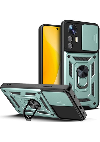 Xiaomi Için 12 Lite 5g Slayt Kamera Koruması Telefon Vaka Kickstand Pc+Tpu Hybrid Cep Telefonu Kapak Yeşili (Yurt Dışından)