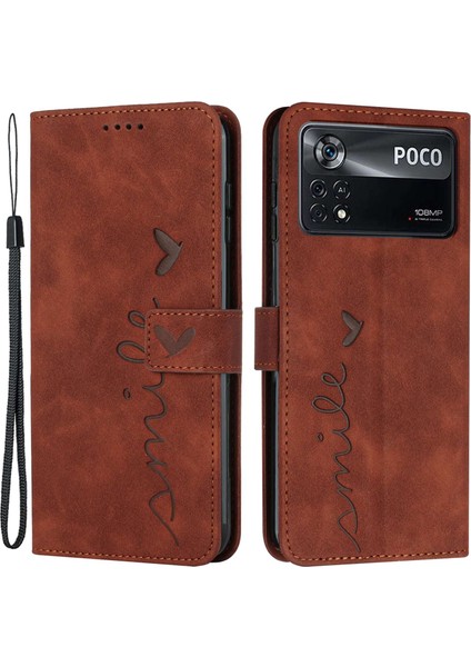 Xiaomi Poco X4 Pro 5g Kalp Şekli Için Baskılı Baskı Karşıtı Kara Kılıf Cilt Duygu Hisset Pu Deri Cüzdan Stand Fonksiyonlu Telefon Kabuk Strap-Brown (Yurt Dışından)