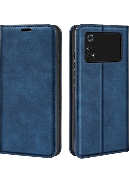 Xiaomi Için Poco M4 Pro 4g Manyetik Otomatik Absorbed Stand Kapak Cilt Touch Hissed Pu Deri Cüzdan Telefon Kılıf Mavisi (Yurt Dışından)