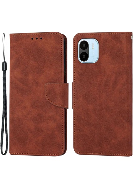 4U Sky Xiaomi Için Redmi A1 4g/a2 4g Şok Geçirmez Düz Renkli Pu Deri Manyetik Telefon Kılıfı Stand Flip Cüzdan Kapağı Strap-Brown (Yurt Dışından)