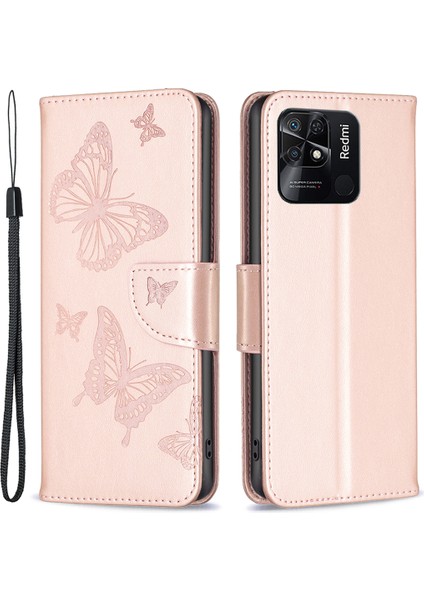 Bf Baskı Desen Kelebekleri Xiaomi Redmi Için Baskı Telefon Kılıfı 10C Şok Geçirmez Cüzdan Strap-Rose Gold ile Telefon Deri Kapağı (Yurt Dışından)