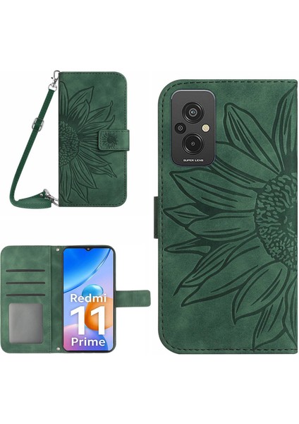 Xiaomi Redmi Için 11 Prime 4g HT04 Ayçiçeği Baskılı Flip Shell, Pu Deri Cüzdan Kılıfı Stand Stand Fonksiyon Cilt-Douch Koruyucu Telefon Kapağı Omuz Askısı-Dark Yeşil (Yurt Dışından)