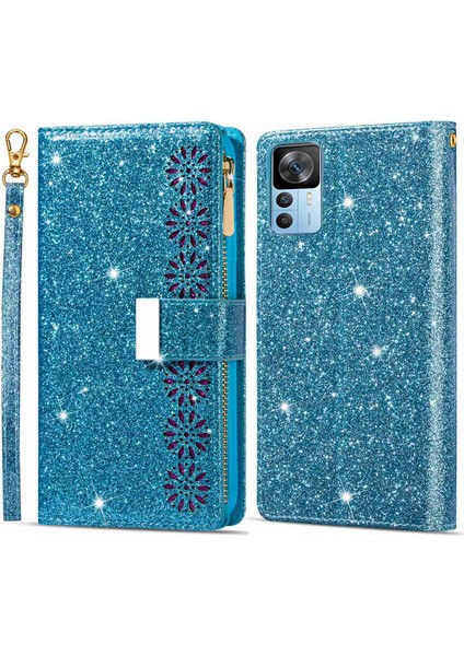 Xiaomi 12T 5G/12T Pro 5g/redmi K50 Ultra 5g Fermuarı Stand Anti-Drop Pu Deri Telefon Kılıfı Flip Lazer Oyma Hafif Yıldızlı Tarz Telefon Kapağı Strap-Mavi ile (Yurt Dışından)