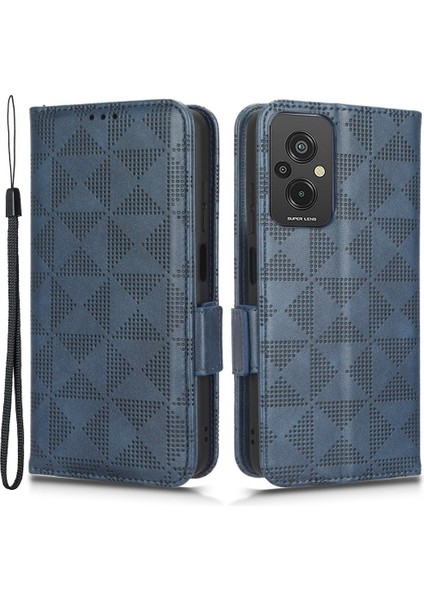 Xiaomi Redmi Için 11 Prime 4g Baskılı Üçgen Desen Pu Deri Stand Kılıfı Tam Koruma Telefon Cüzdan El Strap-Blue (Yurt Dışından)