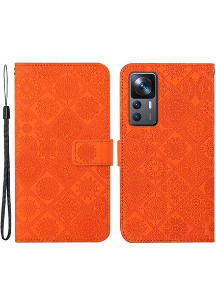 Xiaomi 12T 5G/12T Pro 5g/redmi K50 Ultra 5g Mıknatıs Toka Etnik Bastı Çiçek Cüzdan Hands Stand Deri Kılıf Strap-Orange (Yurt Dışından)
