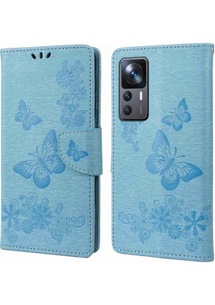 Xiaomi Için 12T 5g/redmi K50 Ultra 5g Kelebekler Çiçek Dışında Şok Geçirmez Cüzdan Kılıfı Pu Deri Deri Stand Manyetik Kapanma Flip Folio Telefon Kapak Blue (Yurt Dışından)