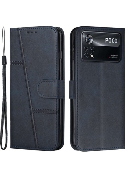 Xiaomi Poco X4 Pro 5g Dikiş Cüzdanı Pu Deri Deri Manyetik Kapanma Stand Strap-Sapfire ile Cep Telefonu Kapağı (Yurt Dışından)