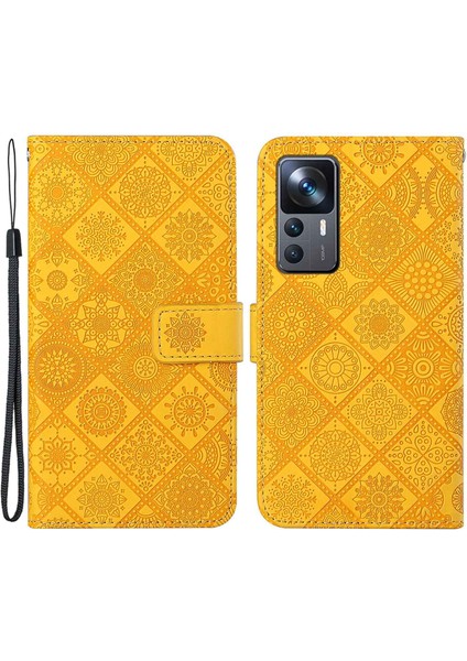 Xiaomi 12T 5G/12T Pro 5g/redmi K50 Ultra 5g Mıknatıs Toka Etnik Baskıda Baskı Cüzdan Eller Seçme Deri Kılıf Strap-Sarı (Yurt Dışından)