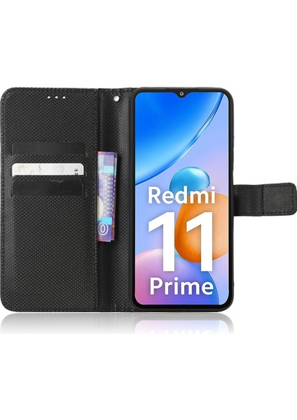 Xiaomi Redmi Için 11 Prime 4g Pu Deri Stand Manyetik Kapatma Cep Telefonu Kapağı Elmas Doku Çizgiye Başlı Doku Telefon Kapağı Strap-Black (Yurt Dışından) modelleri