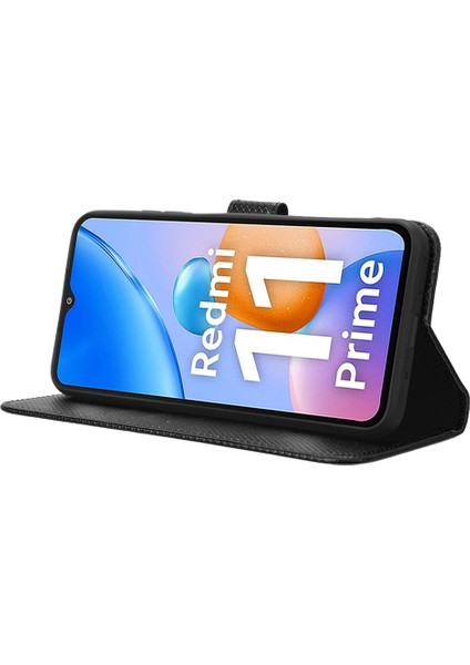 Xiaomi Redmi Için 11 Prime 4g Pu Deri Stand Manyetik Kapatma Cep Telefonu Kapağı Elmas Doku Çizgiye Başlı Doku Telefon Kapağı Strap-Black (Yurt Dışından) fırsatları