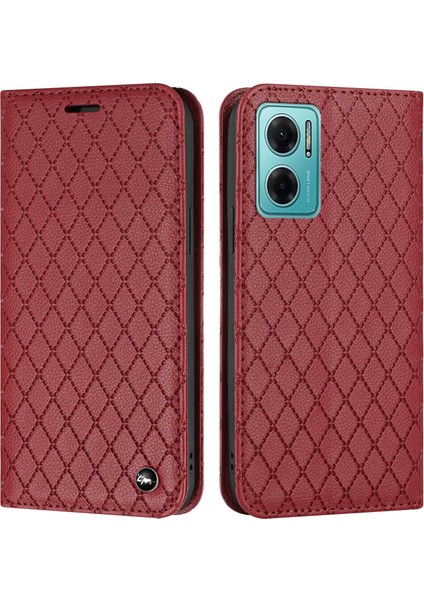 Xiaomi Için Redmi 10 5g/not 11E 5g/redmi 10 Prime+ 5g Çizgi Anti-Çizelge Litchi Doku Cüzdan Kılıfı Folio Flip Cover Rhombus Pat Desen Pu Deri Stand-Red (Yurt Dışından)
