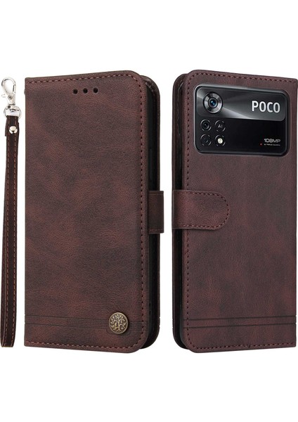 Xiaomi Için Poco X4 Pro 5g Ağaç Desen Metal Düğmesi Şok Geçirmez Deri Telefon Kılıfı Stand Cüzdan Kapağı Strap-Brown (Yurt Dışından)