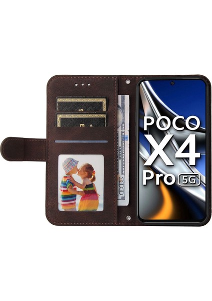 Xiaomi Için Poco X4 Pro 5g Ağaç Desen Metal Düğmesi Şok Geçirmez Deri Telefon Kılıfı Stand Cüzdan Kapağı Strap-Brown (Yurt Dışından) modelleri