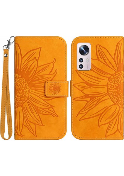Xiaomi Için 12 Lite 5g HT04 Baskılı Ayçiçeği Pu Deri Cüzdan Kılıfı Cilt Touch Stand Manyetik Kapatma Flip Telefon Kapağı Strap-Sarı ile (Yurt Dışından)
