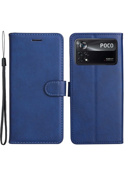 Xiaomi Poco X4 Pro 5g Düz Renkli Pu Deri Folyo Flip Flip Cüzdan Torosu Tasarım Manyetik Kapatma Stand Savunmacı Telefon Kılıfı Strap-Mavi (Yurt Dışından)