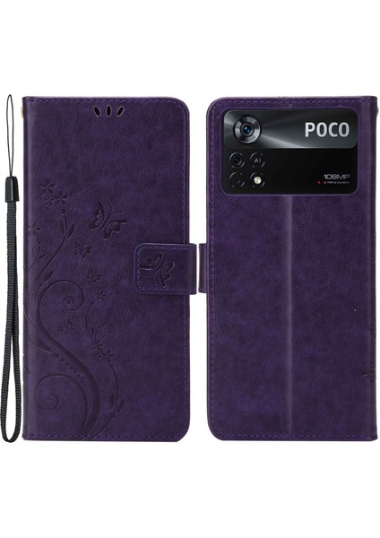 Kelebek Çiçek Baskı Cüzdan Deri Kılıfı Xiaomi Poco X4 Pro 5g, Stand-Dark Mor ile Manyetik Toka Tasarım Telefon Kabuğu Aksesuar (Yurt Dışından)