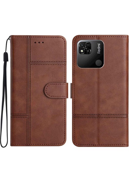 Xiaomi Redmi 10A Için Tam Koruma Iş Stili Pu Deri Koruyucu Kapak Cowhide Doku Hattı Stand Stand Cüzdan Telefon Kılıfı Strap-Coffee (Yurt Dışından)