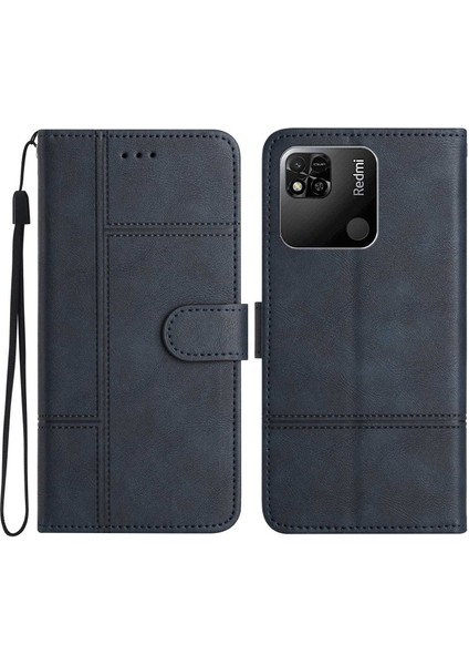 Xiaomi Redmi 10A Için Tam Koruma Iş Stili Pu Deri Koruyucu Kapak Cowhide Doku Hattı Stand Stand Cüzdan Telefon Kılıfı Kayış Mavisi (Yurt Dışından)