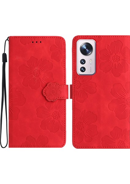 Xiaomi Için 12 Lite 5g Çiçekler Baskılı Pu Deri Cüzdan Cep Telefonu Stand Kapak-Kırmızı (Yurt Dışından)