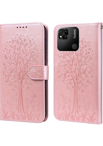 Xiaomi Için Redmi 10A Geyik Ağacı Deseni Baskılı Pu Deri Kapak Manyetik Toka Folio Flip Case ile Cüzdan Stand-Pink (Yurt Dışından)