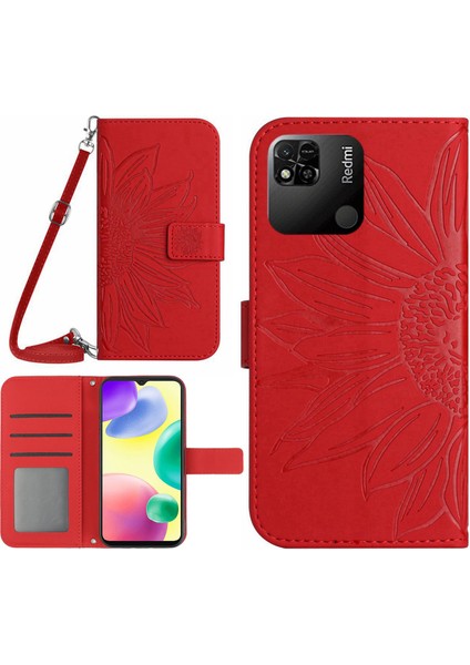 Xiaomi Redmi 10A Için Cilt Touch Cep Telefonu Kapağı, HT04 Ayçiçeği Baskılı Telefon Cüzdan Standı Kılıfı Manyetik Toka Pu Deri Kabuk Omuz Kayışı-Kırmızısı (Yurt Dışından)