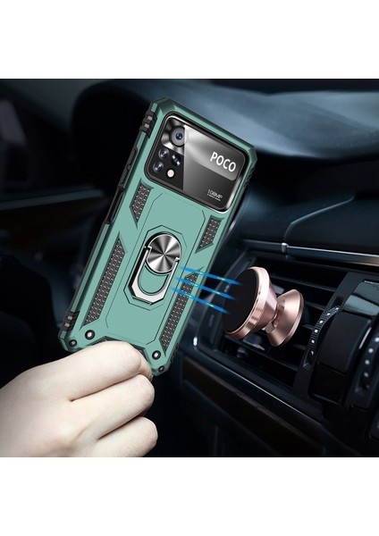Xiaomi Poco X4 Pro 5g Yüzük Kickstand Telefon Kılıfı Yumuşak Tpu+Sabit Pc Askeri Şok Geçirmez Koruyucu Kapak-Blackish Green (Yurt Dışından) fırsatları