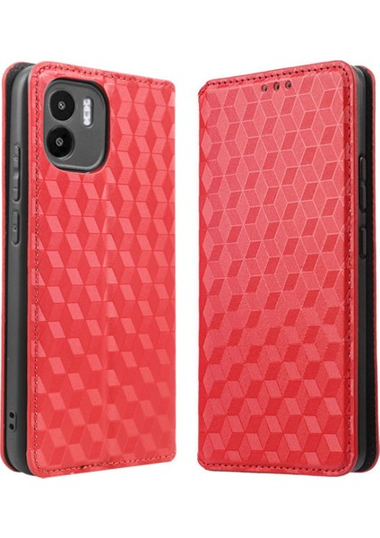 Xiaomi Redmi A1 4g/a2 4g Anti-Drop Rhombus Desen Baskılı Pu Deri Flip Folio Telefon Kılıfı Stand-Red (Yurt Dışından)