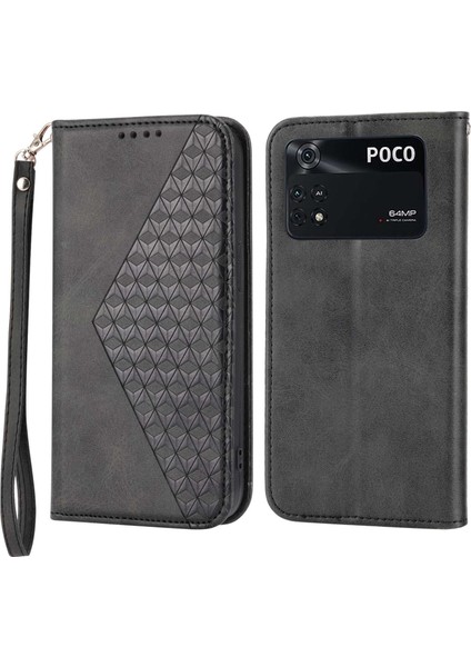 Xiaomi Için Poco M4 Pro 4g Baskılı Rhombus Desen Buzağı Dokusu Pu Deri Kılıf Anti-Drop Stand Cüzdan Kapağı Strap-Black (Yurt Dışından)